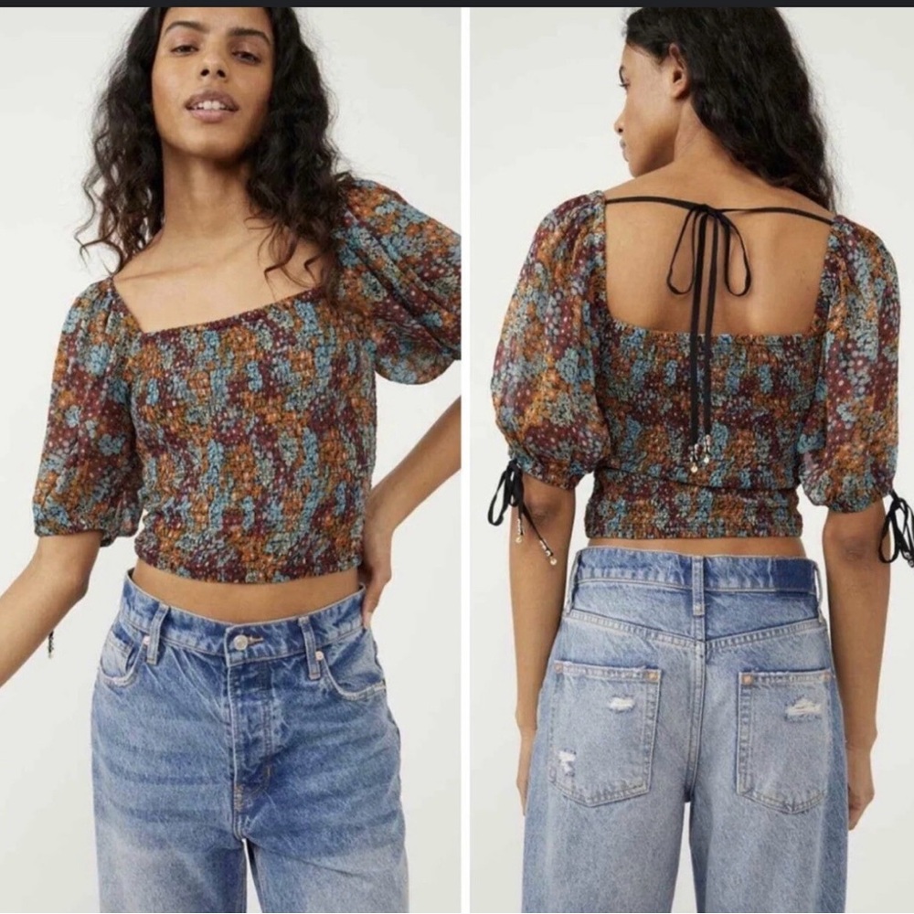 Free People floral Puff Sleeve Crop Top